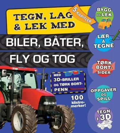 Tegn, lag & lek med biler, båter, fly og tog. Perm med aktiviteter og oppgaver. Med klistremerker 3D-briller og tusj