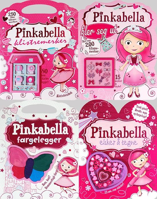 Pinkabella aktivitetspakke. 4 titler: Tegnebok, fargeleggingsbok, kle-på-bok og aktivitetsbok med kl