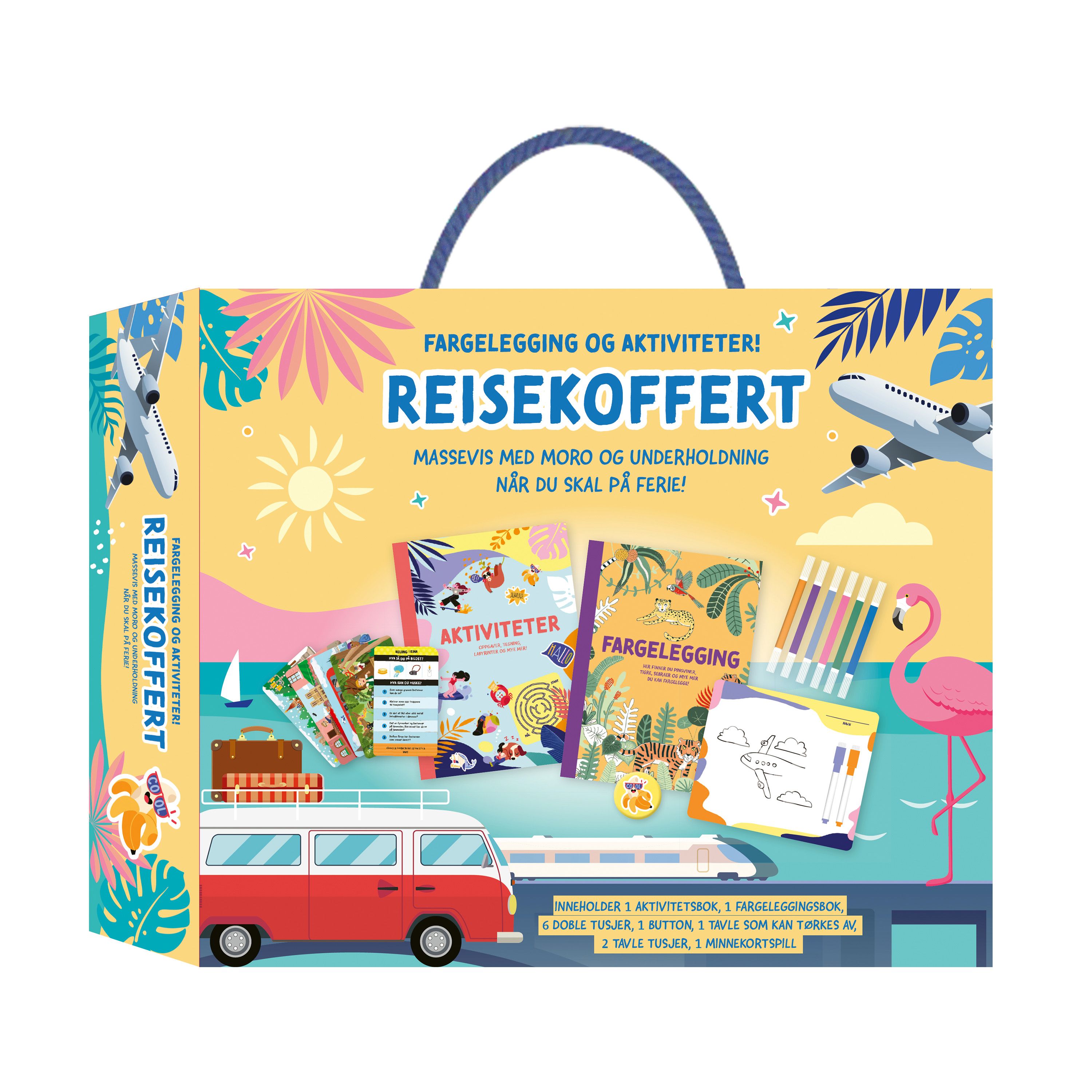 Reisekoffert. Med aktivitetsbøker, minnespill, button, tusjer og tavle - sticker bomb