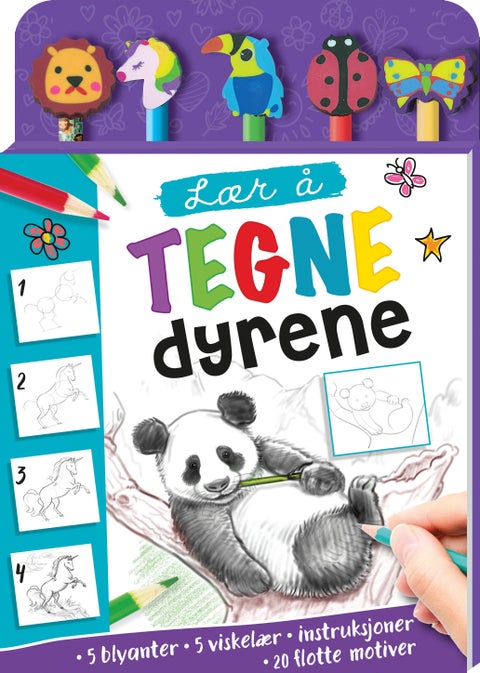 Lær å tegne dyrene (med 5 blyanter/viskelær)