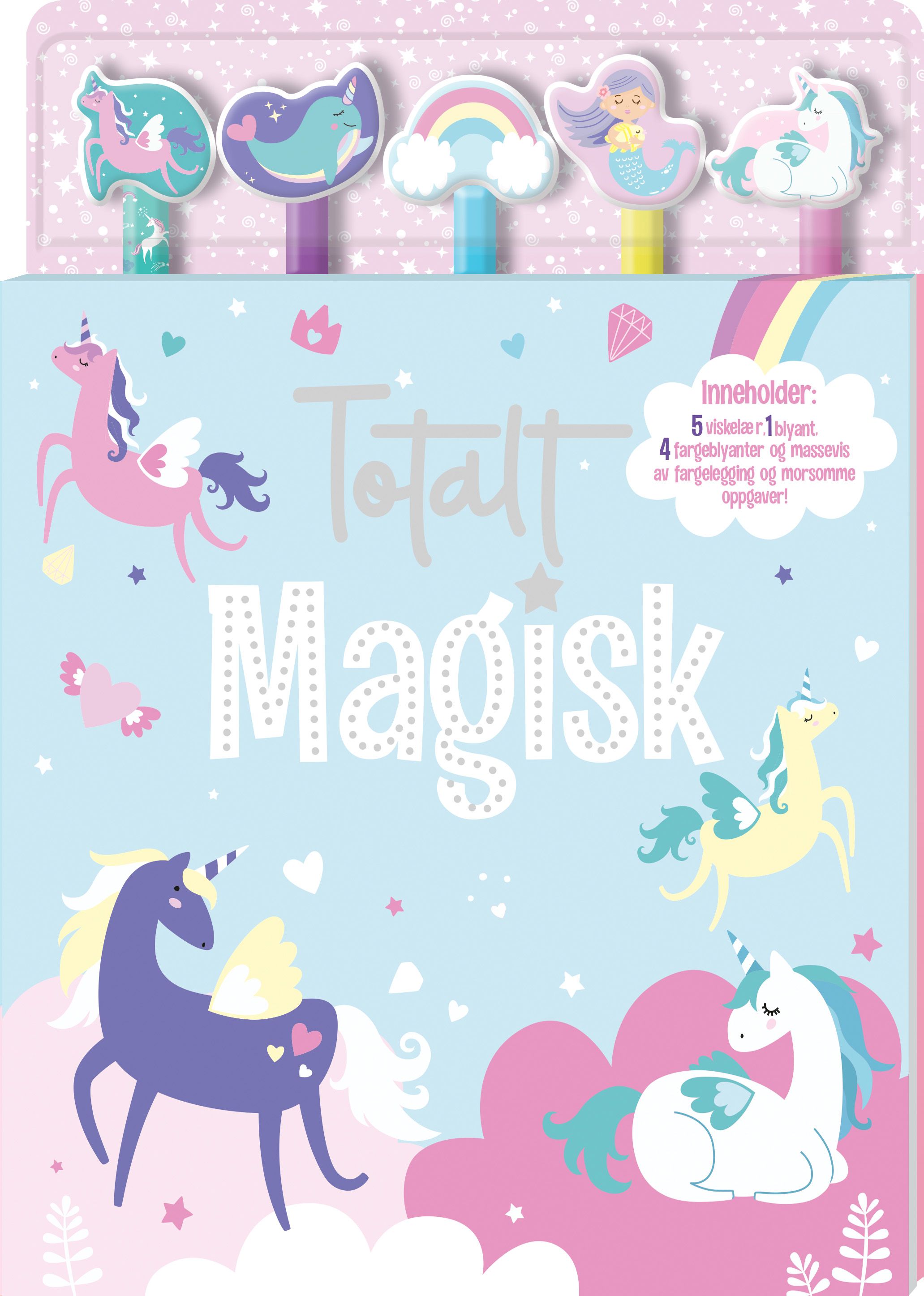 Totalt magisk. 5 viskelær, 1 blyant, 4 fargeblyant