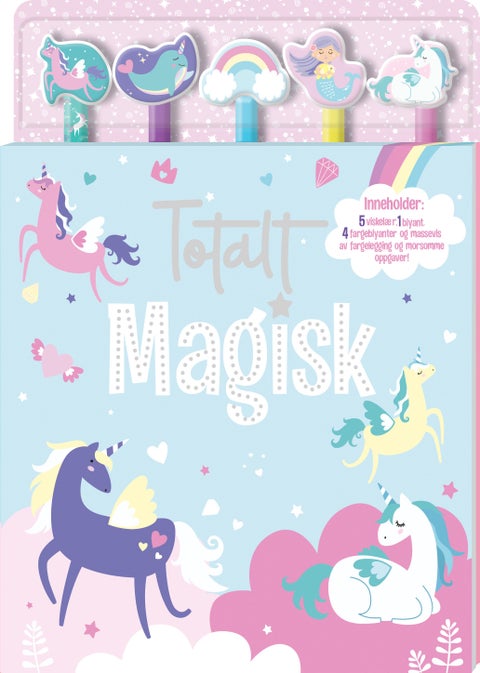 Totalt magisk. 5 viskelær, 1 blyant, 4 fargeblyant
