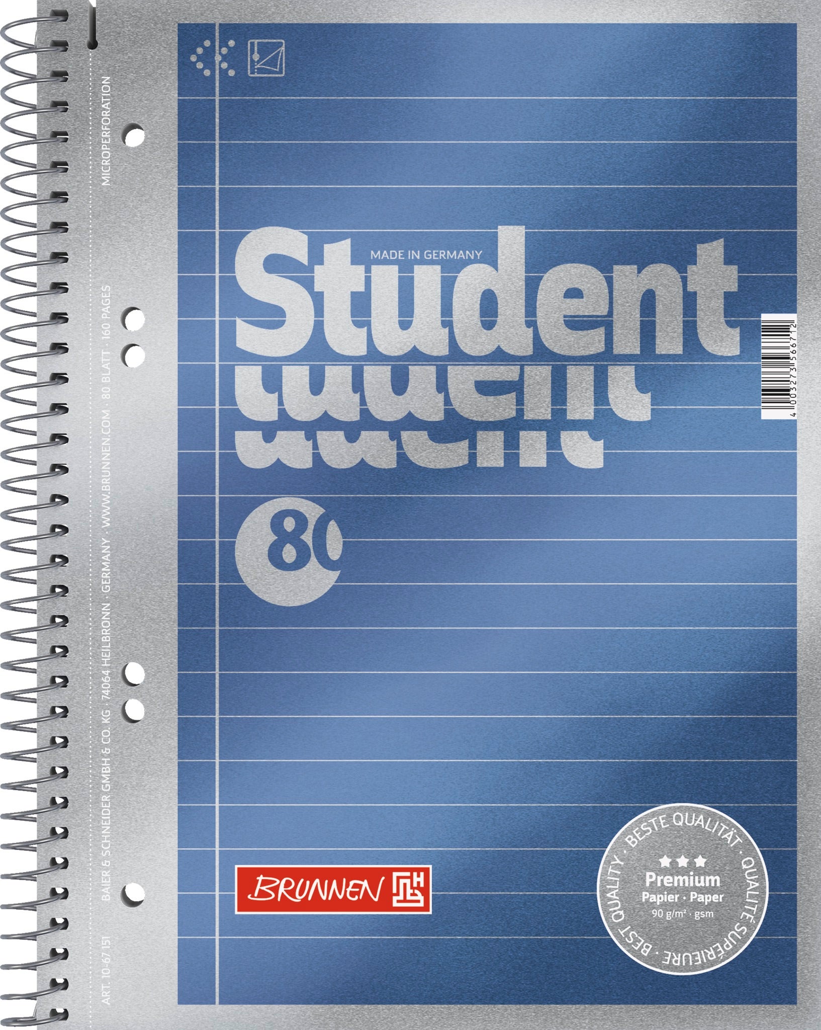 Spiralhefte Brunnen A5 90g 80 bl Linjer Blå
