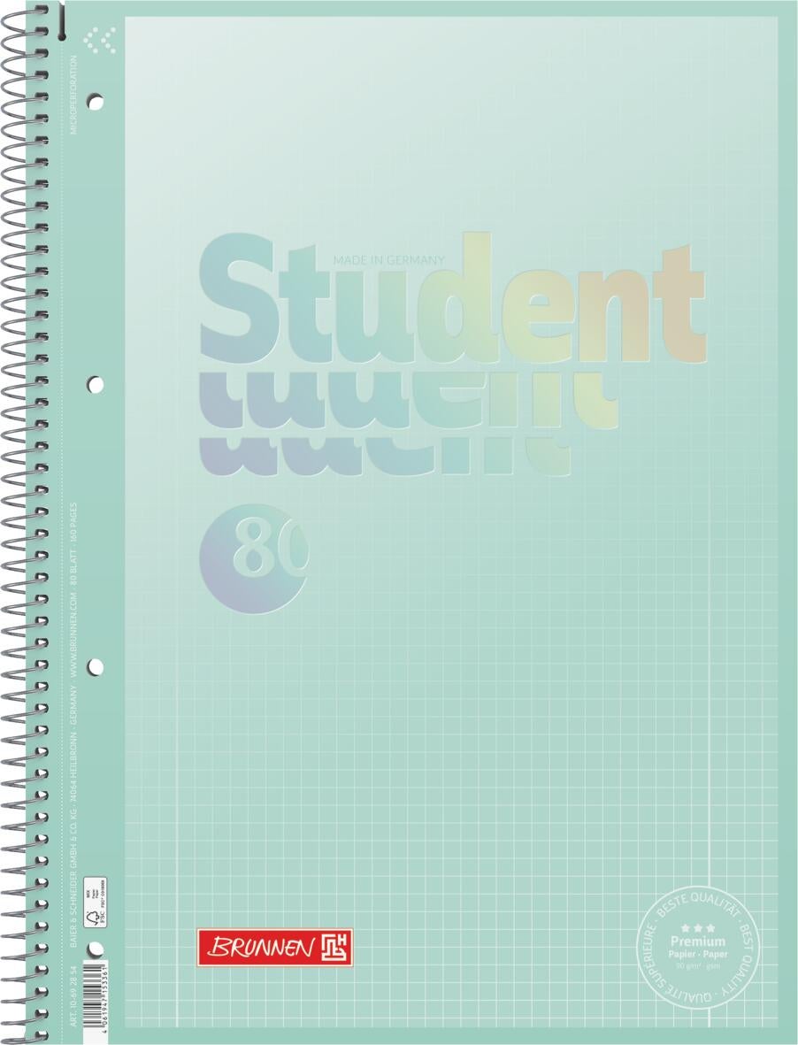 Spiralhefte Brunnen A4 90g Ruter Pastell Mint
