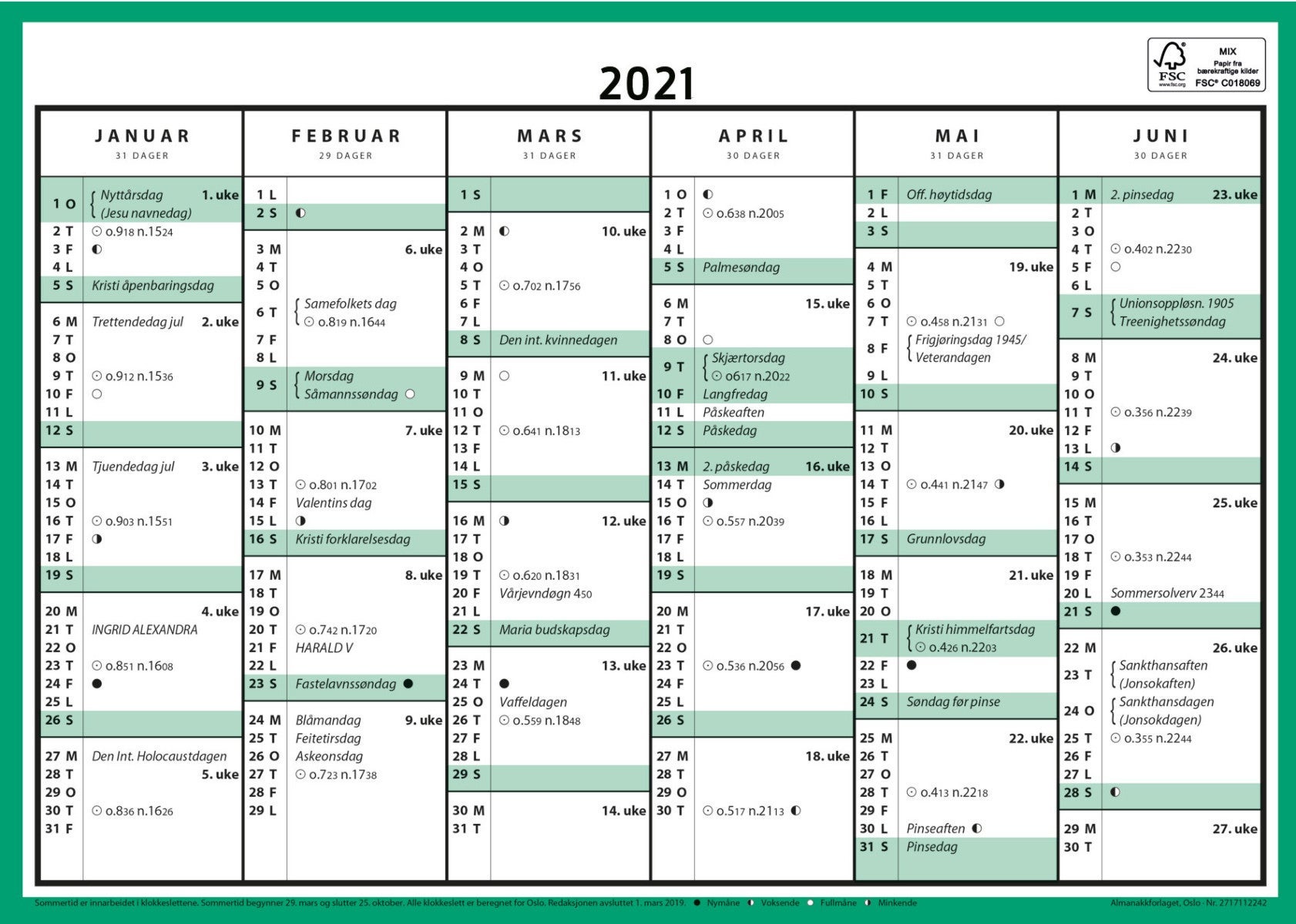 Veggkalender 2021 Kontorkalender enkel A4