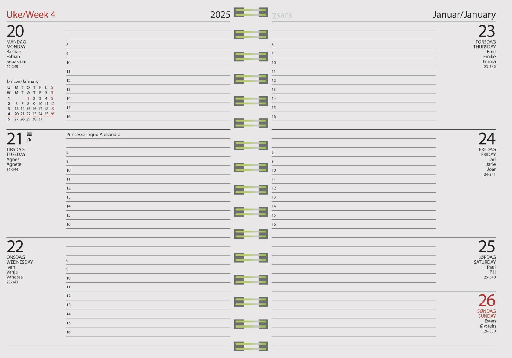 Kalender 2025 7.Sans Datum A5, Spiralisert Plast - Sort