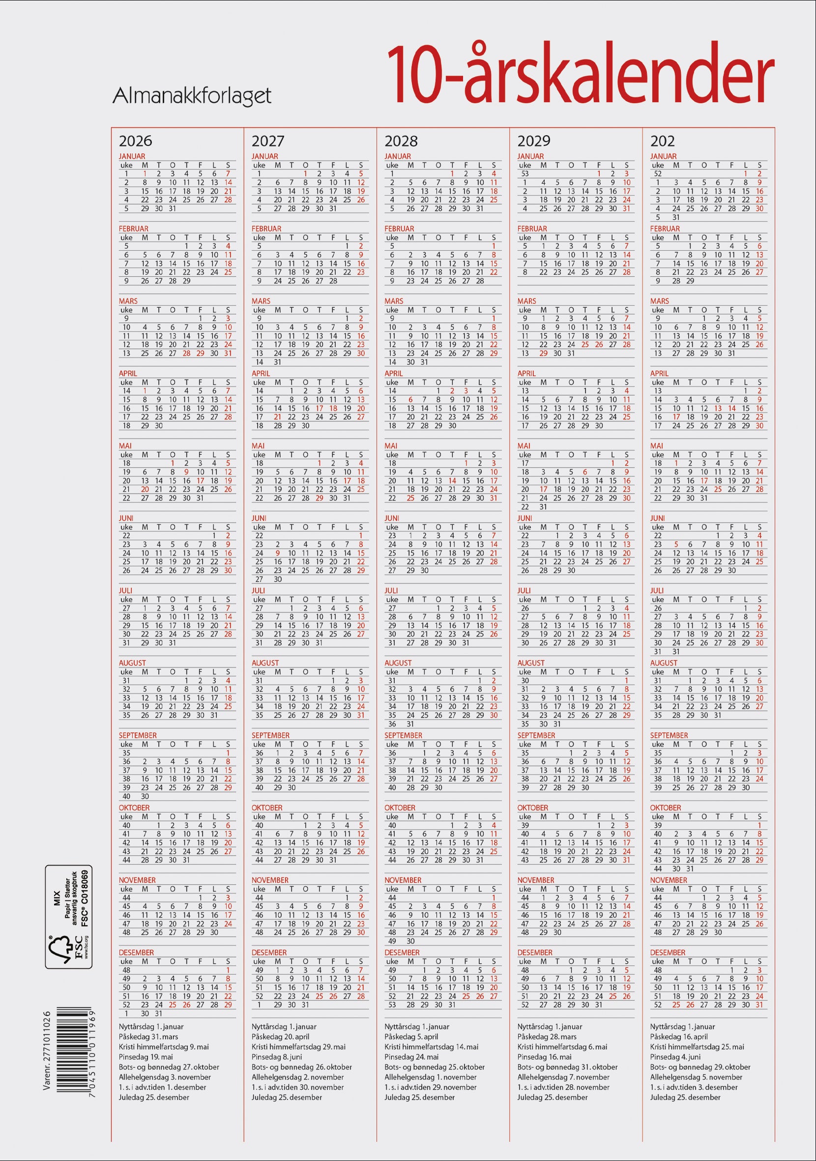 Kalender 2026 7.Sans Tiårskalender A4 2022 - 2031