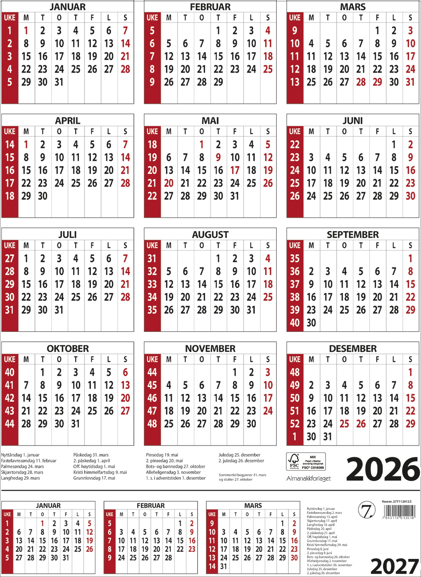 Kalender 2026 7.Sans Årskalender A3