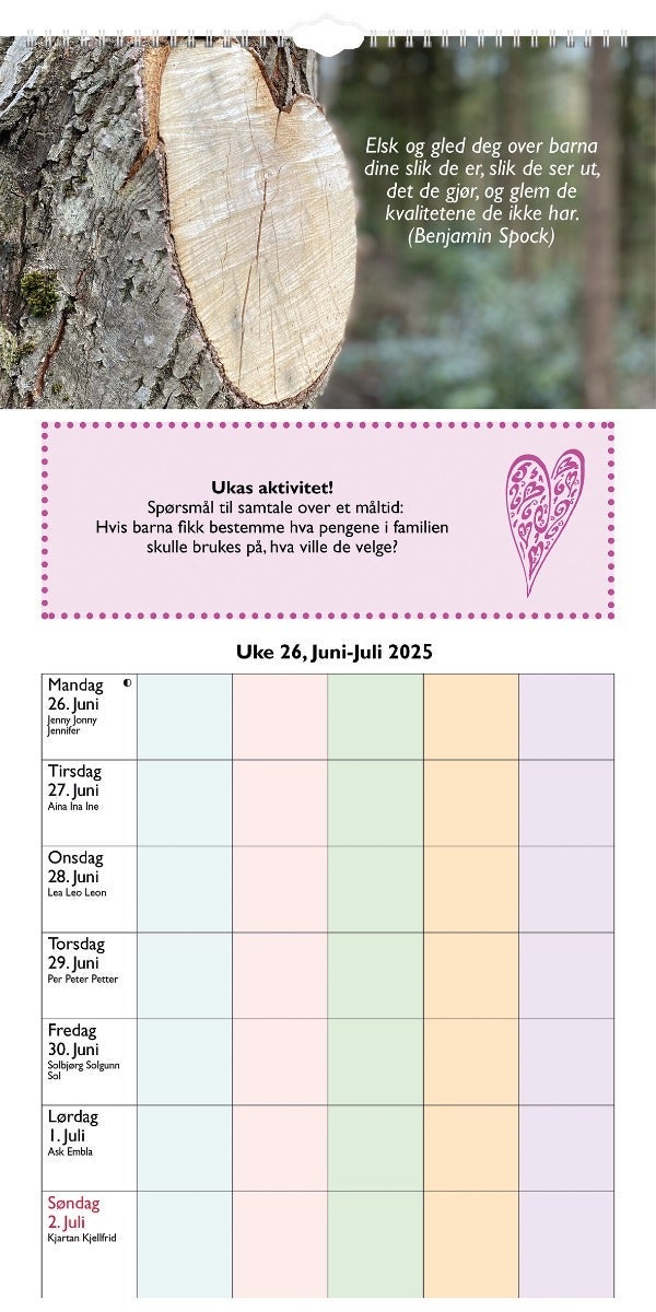 7.sans Kalender 25/26 Inspirasjon Fam. Planlegger