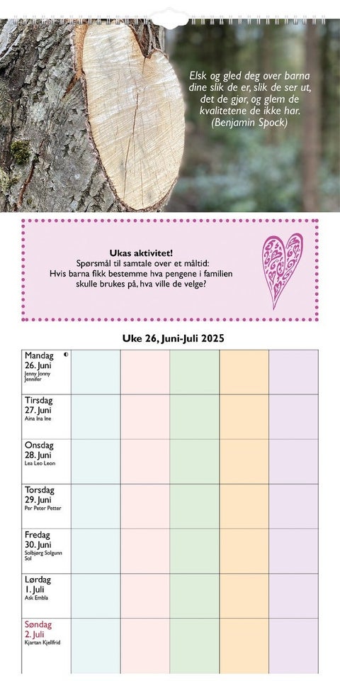 7.sans Kalender 25/26 Inspirasjon Fam. Planlegger
