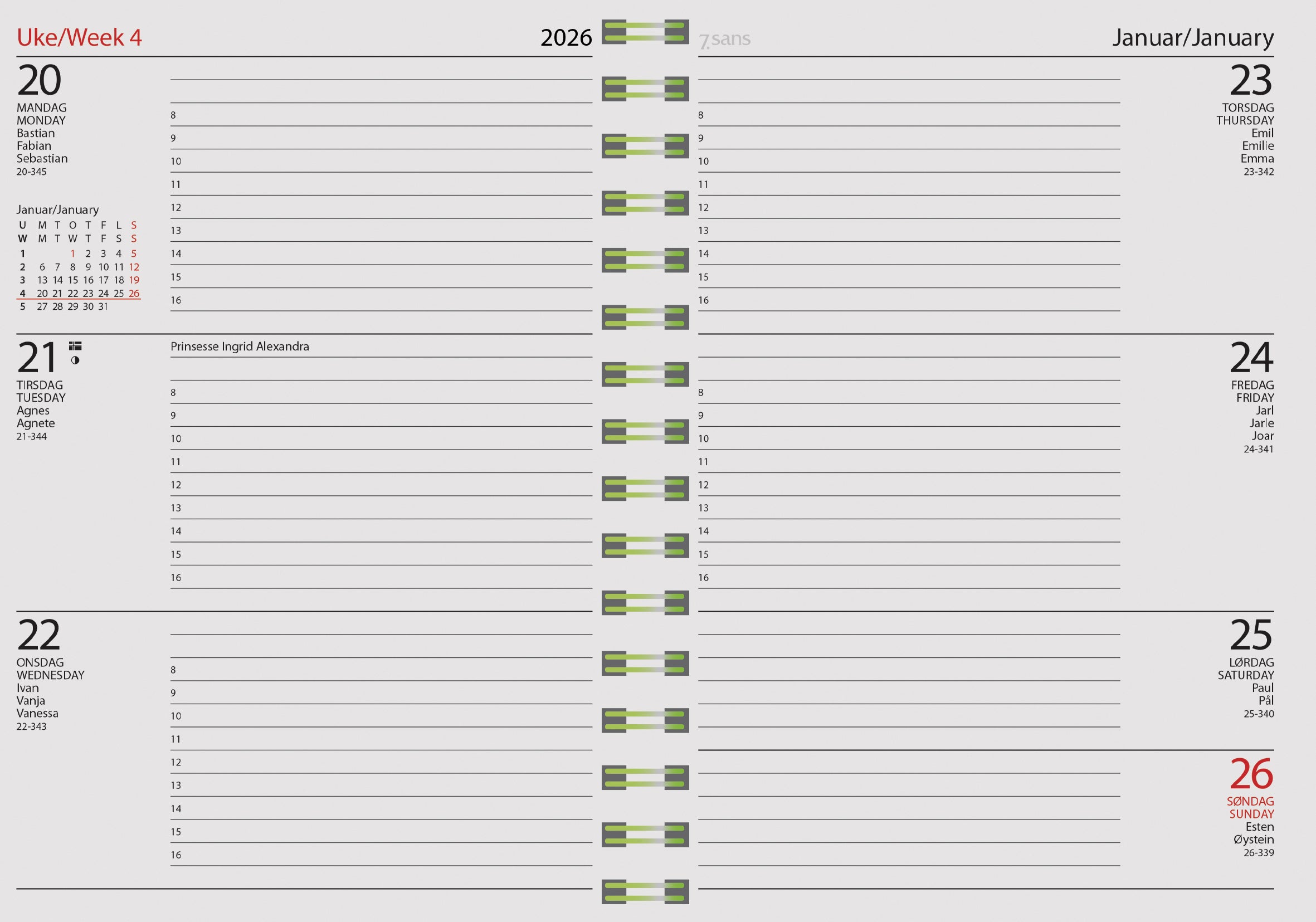 Kalender 2026 7.Sans Datum A5