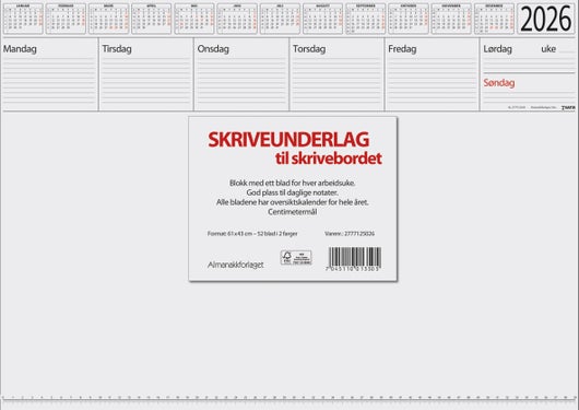 Kalender 2026 7.Sans Skriveunderlag i papir