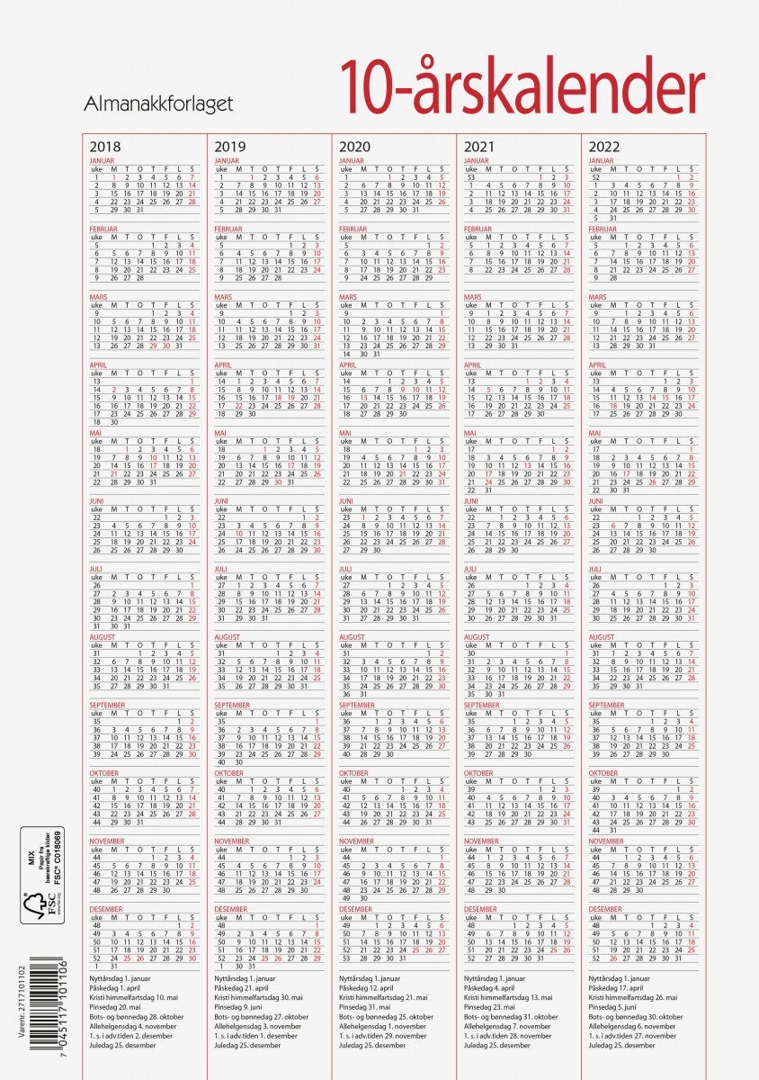 Tiårskalender A4. 2020/2029 2020