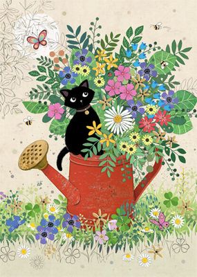 Kort Bug Art Black Ink Garden Kitten