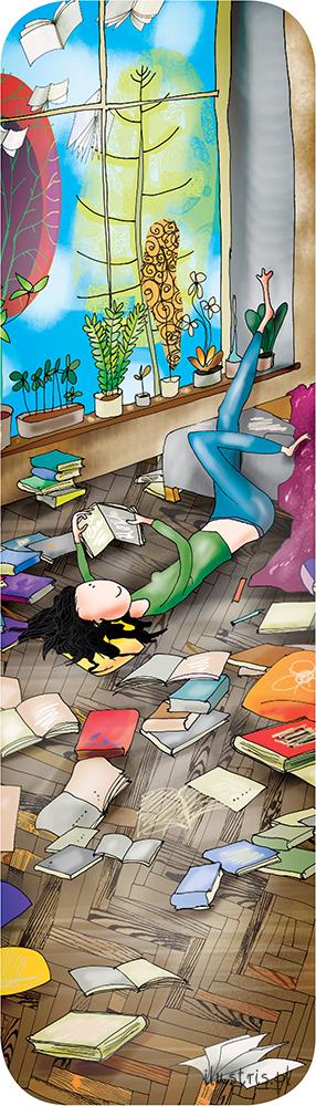 Bokmerke 6x21 Ilustris jente på golvet med bok