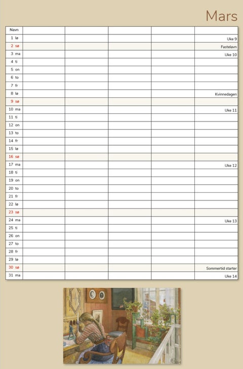 Kalender 2025 Carl Larsson 23x34cm