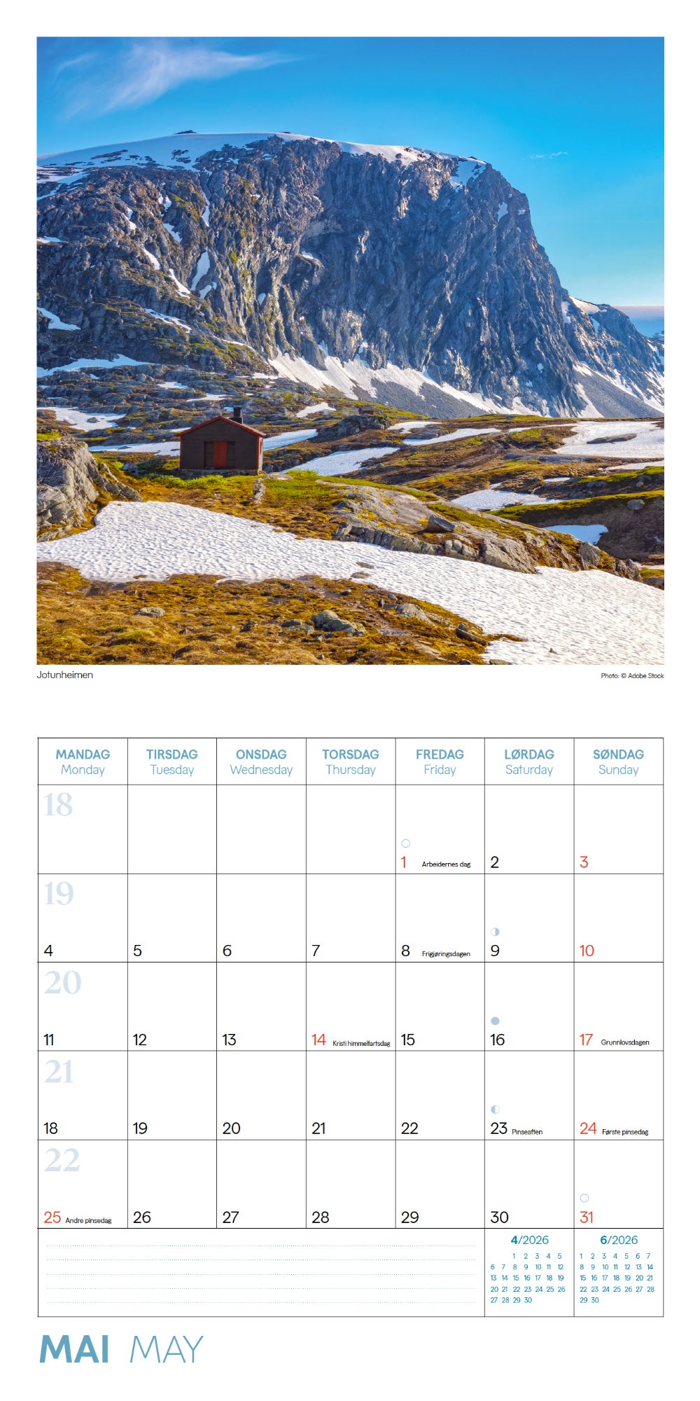 Kalender 2026 Norske Fjell 30X30Cm