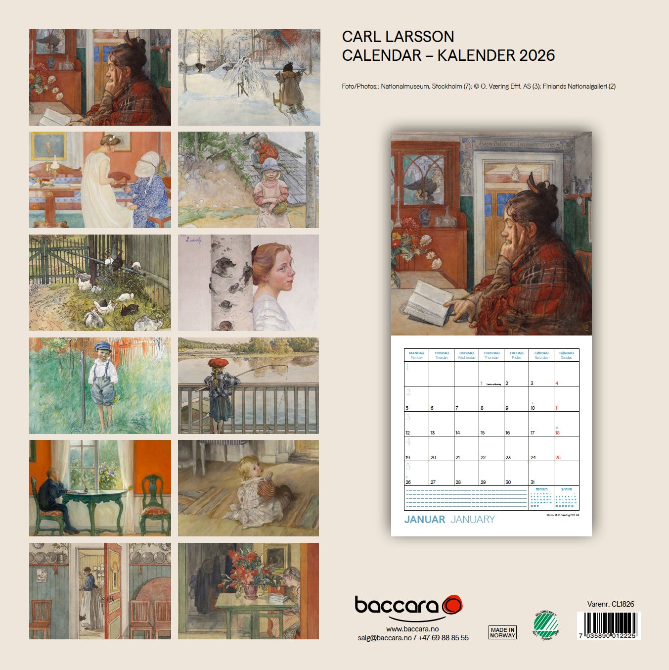 Kalender 2026 Carl Larsson 18X18Cm