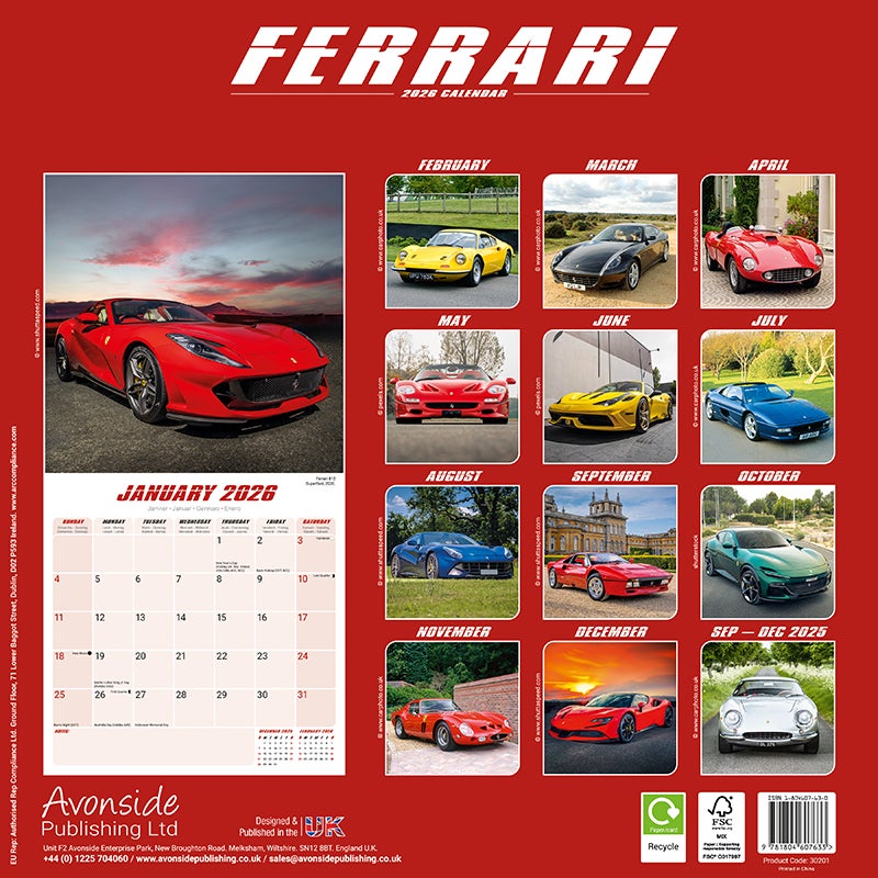 Ferrari Calendar 2026  Square Car Wall Calendar - 16 Month