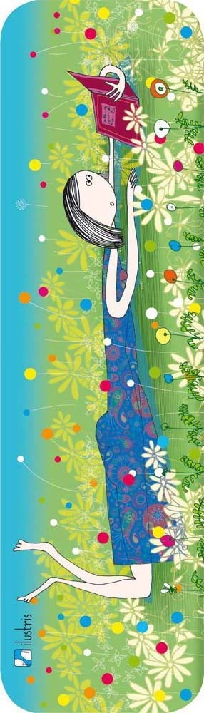 Bokmerke 6x21 Ilustris jente med bok i blomstereng