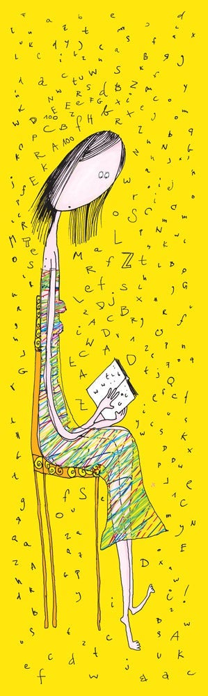 Bokmerke 6x21 Ilustris jente på stol med bok gult