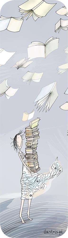 Bokmerke 6x21 Ilustris jente med bøker i vind