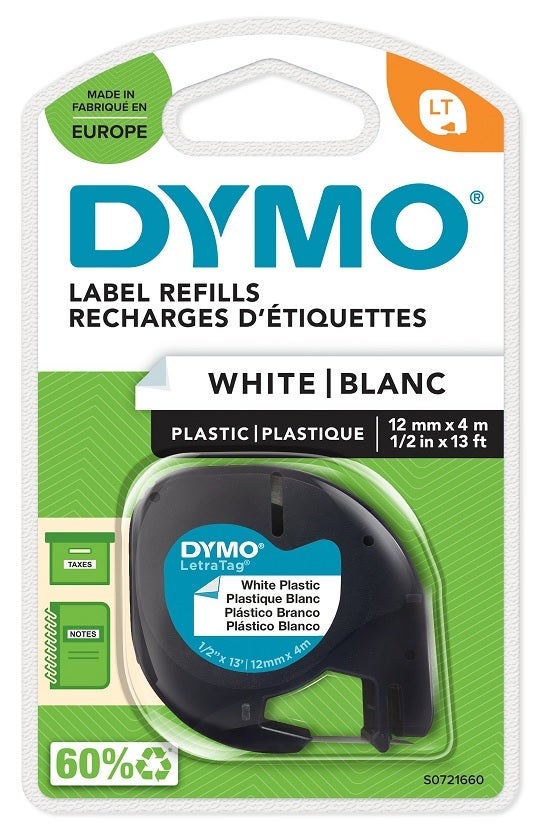 Tape Dymo Letratag 12mm plast sort/hvit
