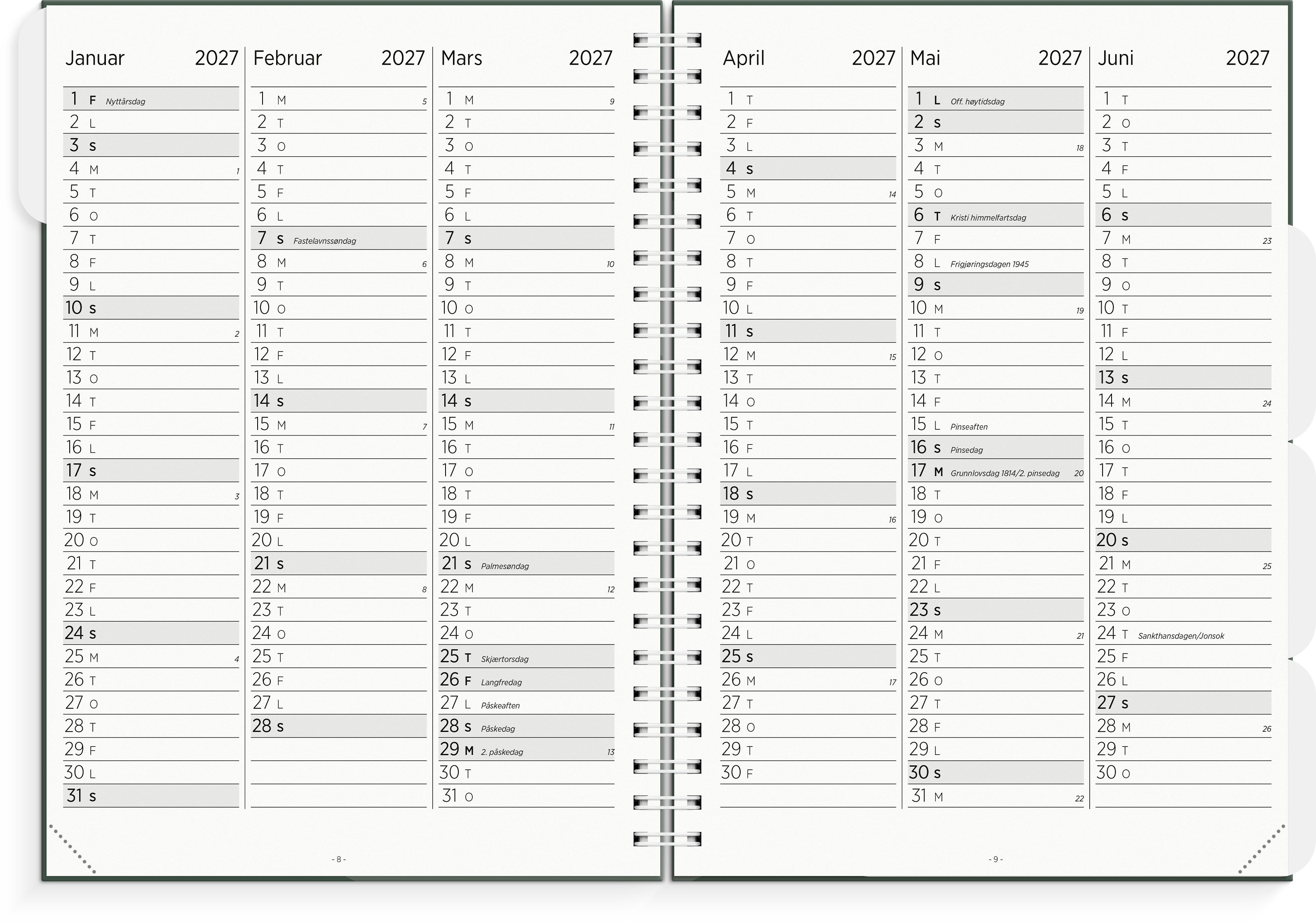 Lærerkalender A4 gr skole26/27 grønn