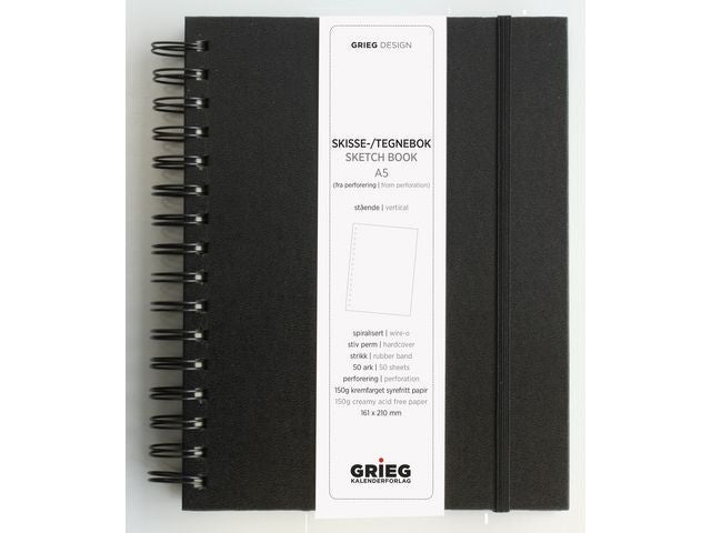 Skissebok m/spiral Grieg A5 Stående Sort
