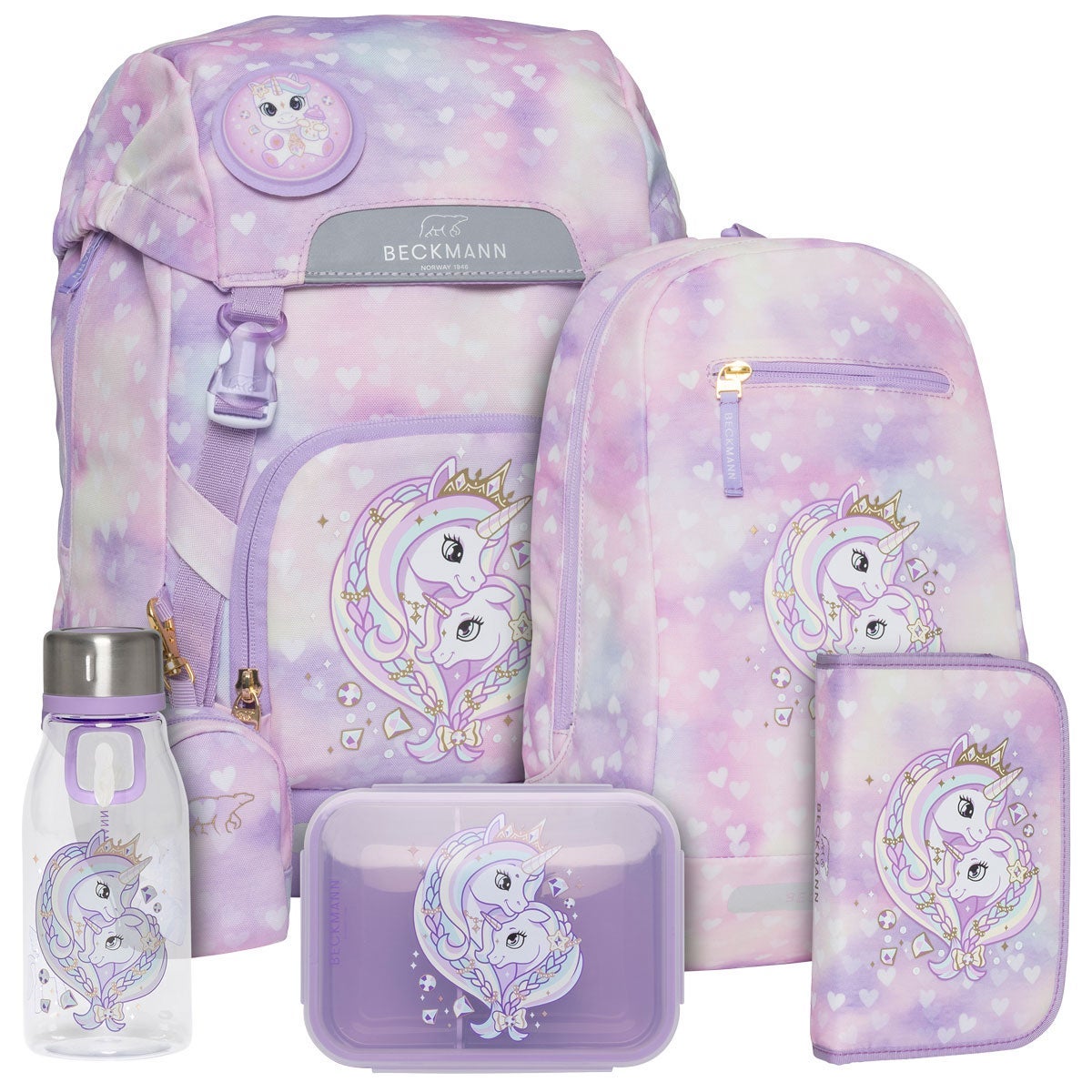 Pakke skolesekk 1.kl Unicorn Purple 22L - Beckmann