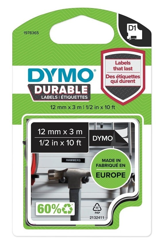 Tape Dymo D1 12mmx3m hvit/sort