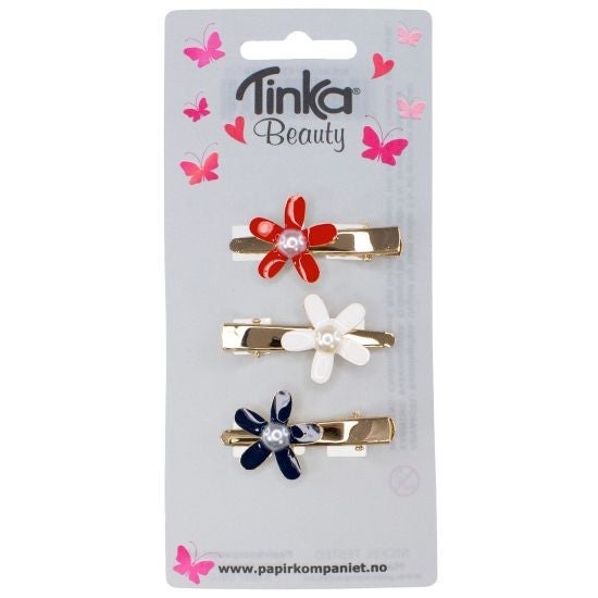 Hårspenne m/blomst rød/hvit/blå 3stk - Tinka Beauty