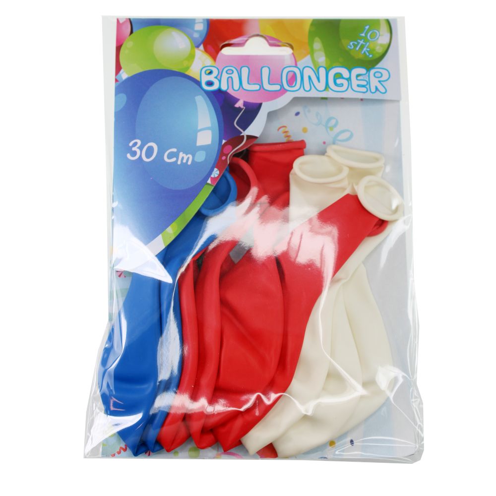 Ballonger 10pk rød/hvit/blå