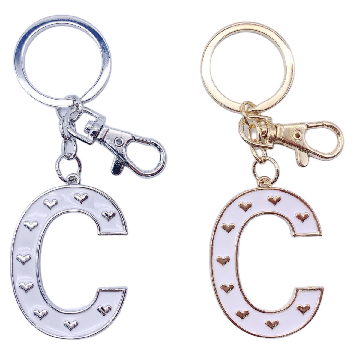Nøkkelring C Hvit emalje Gull/Sølv