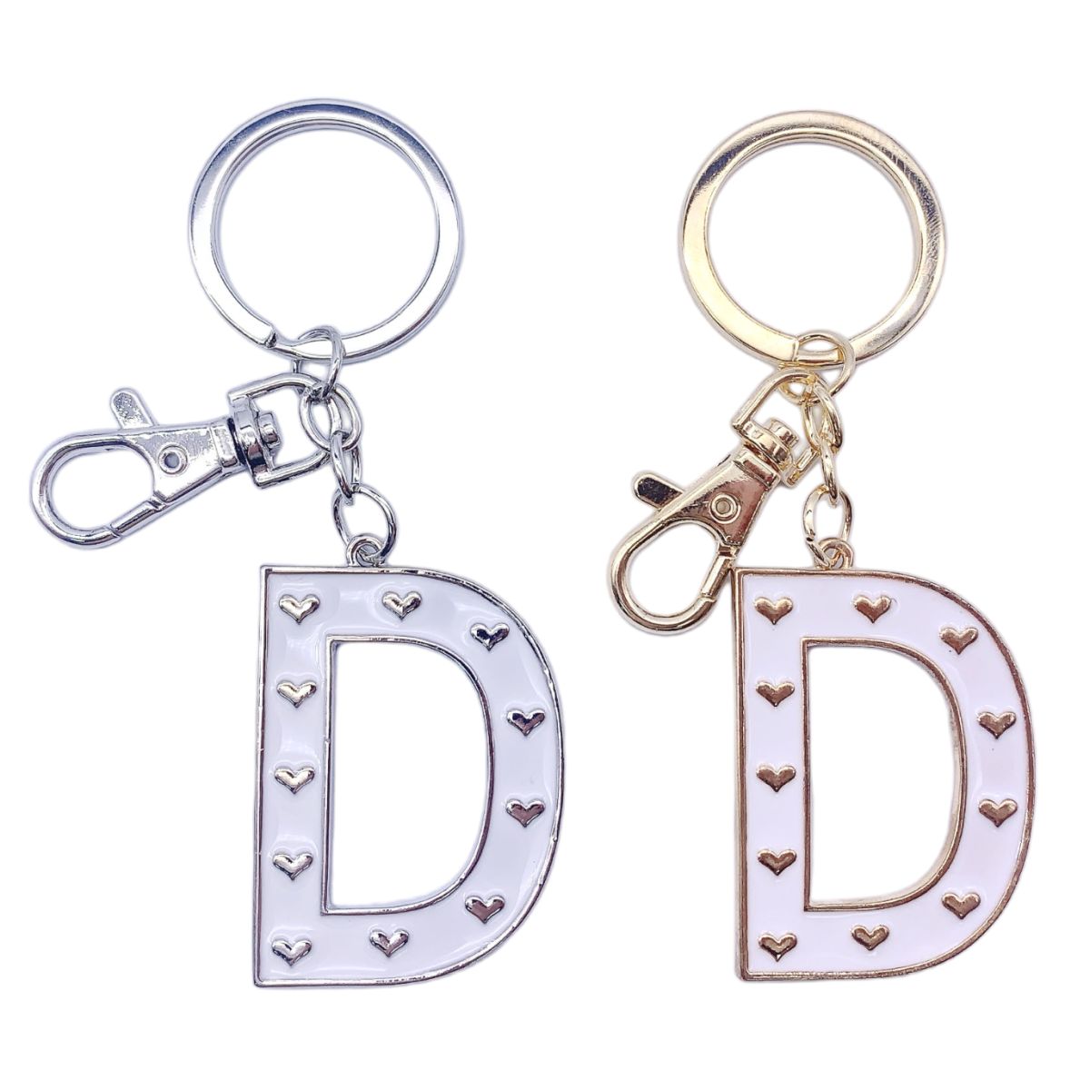 Nøkkelring D Hvit emalje Gull/Sølv