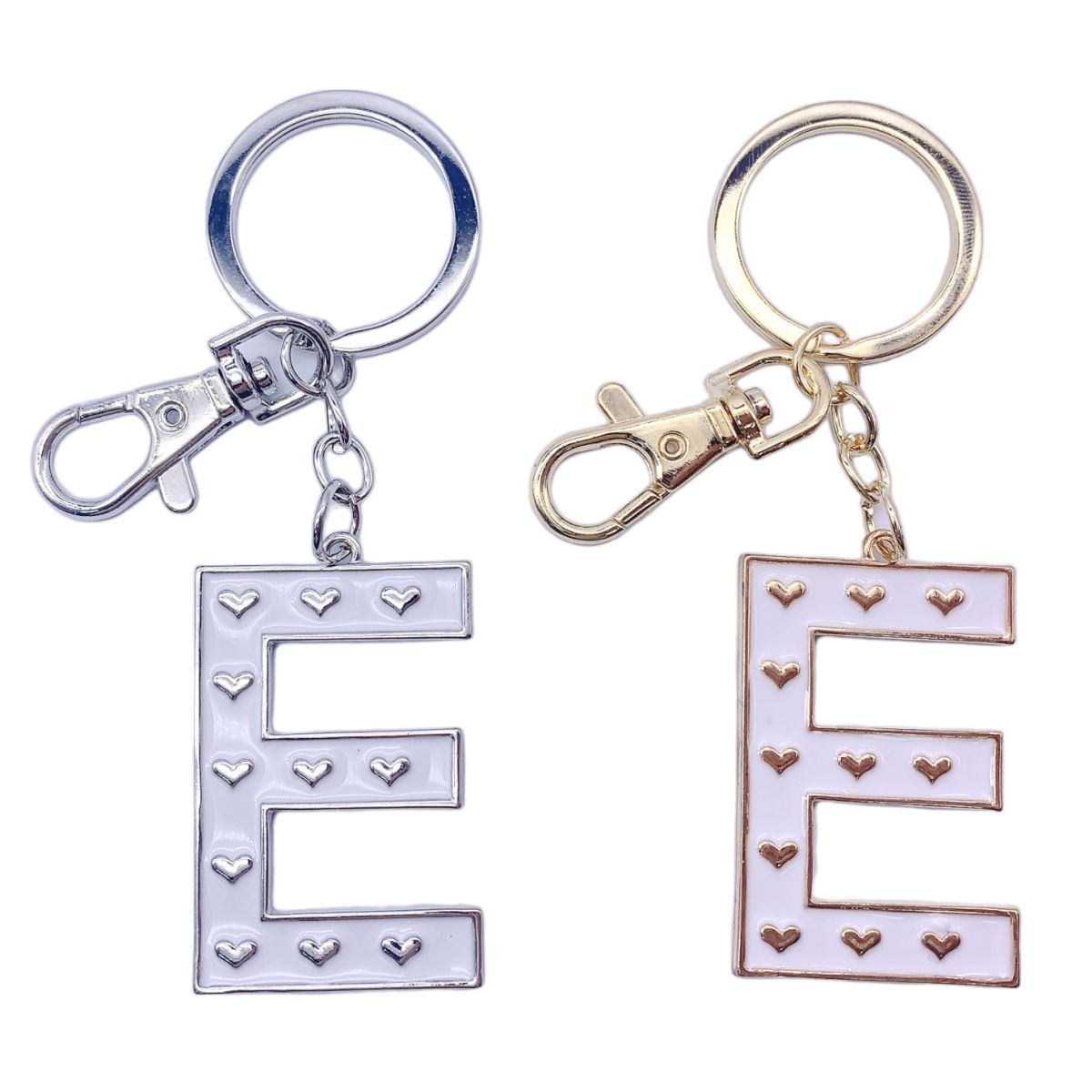 Nøkkelring E Hvit emalje Gull/Sølv