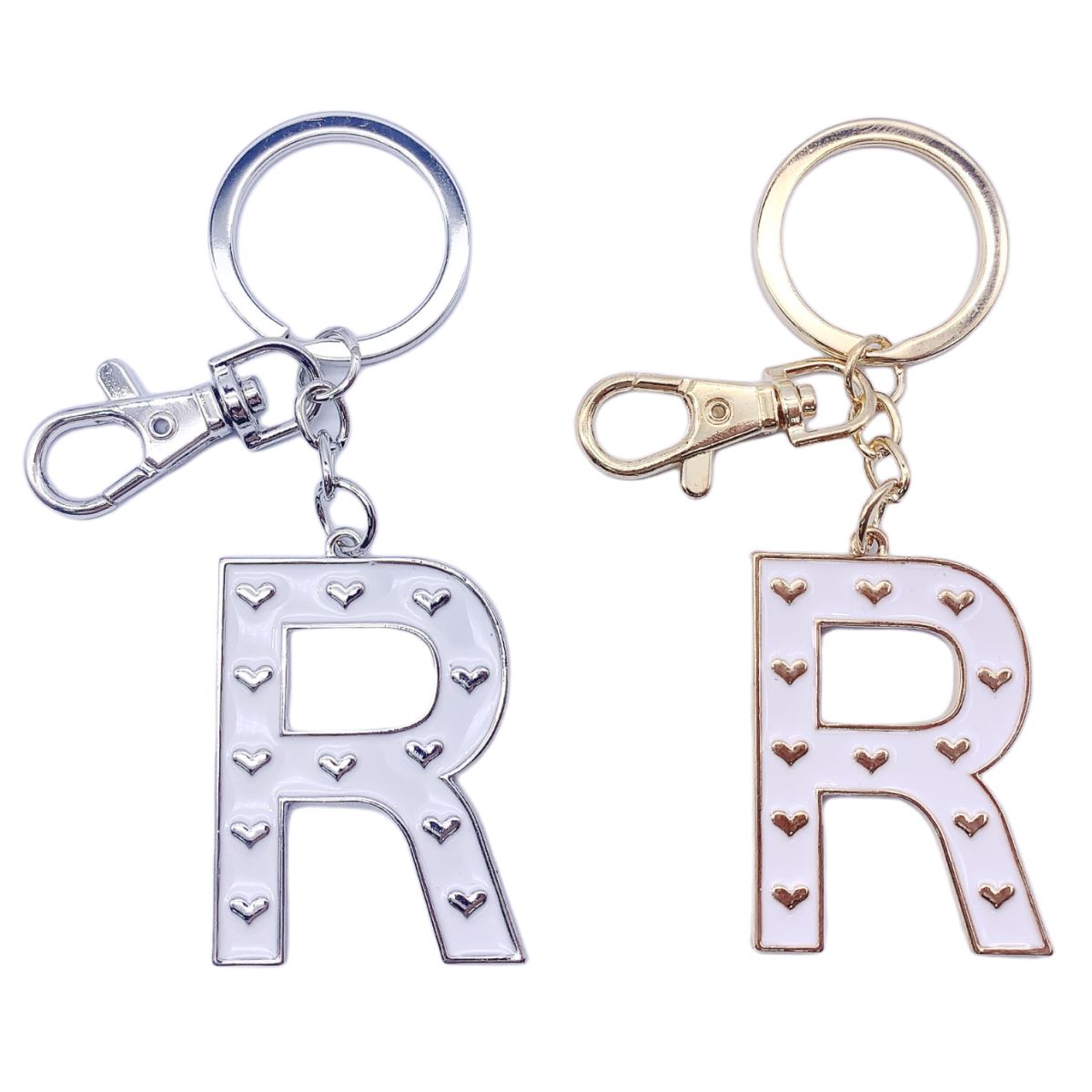 Nøkkelring R Hvit emalje Gull/Sølv