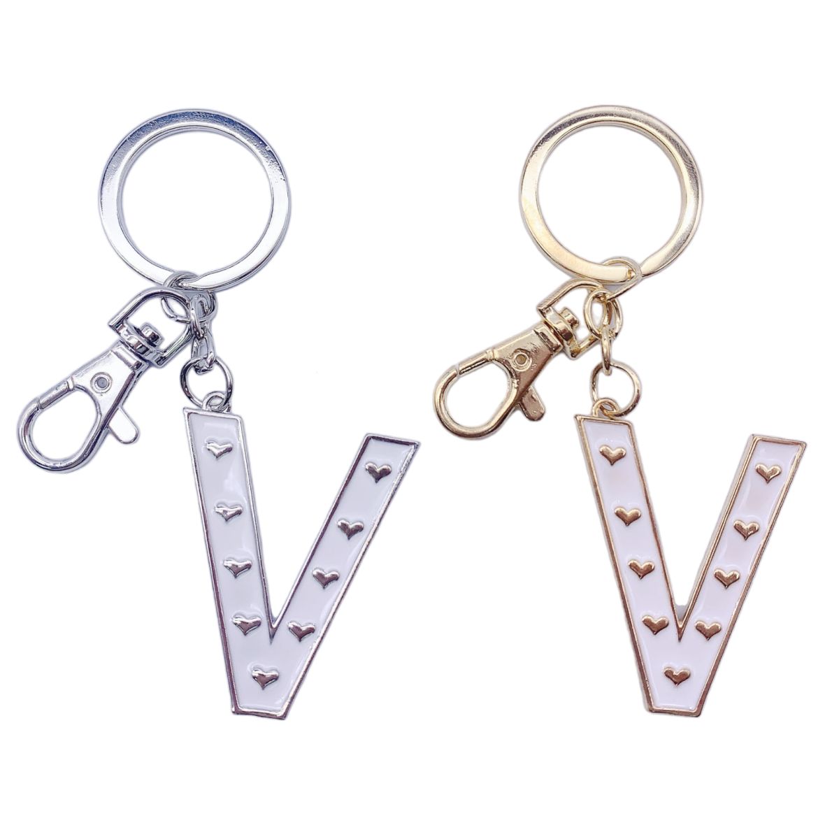 Nøkkelring V Hvit emalje Gull/Sølv