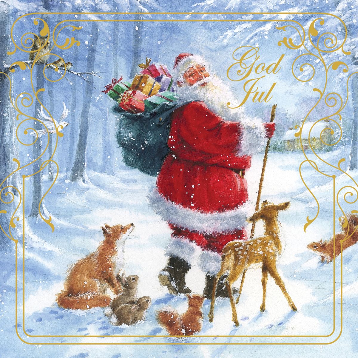 Julekort kvadratisk 6 pk Nissesekk Dyr