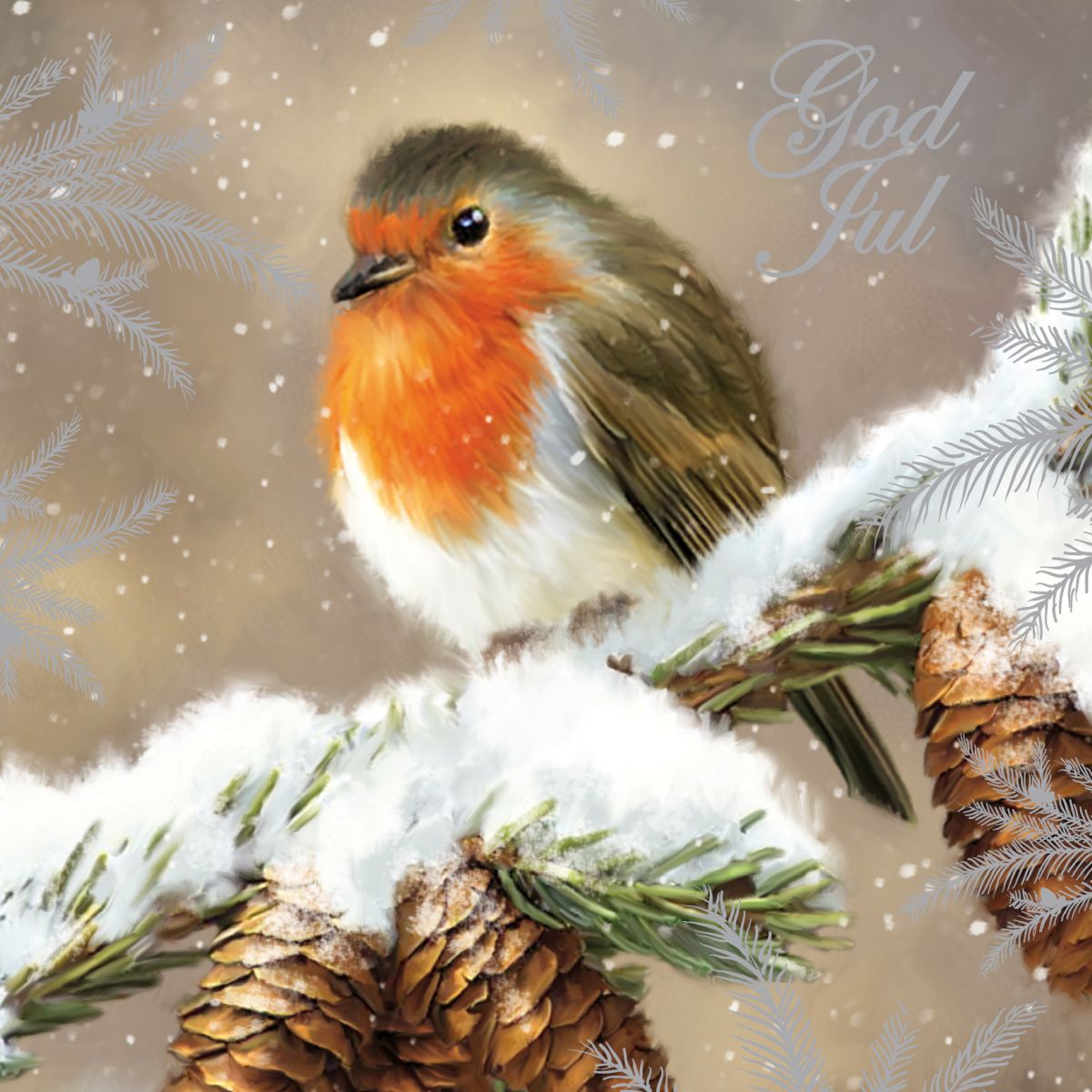 Julekort kvadratisk 6 pk Fugl Kongler