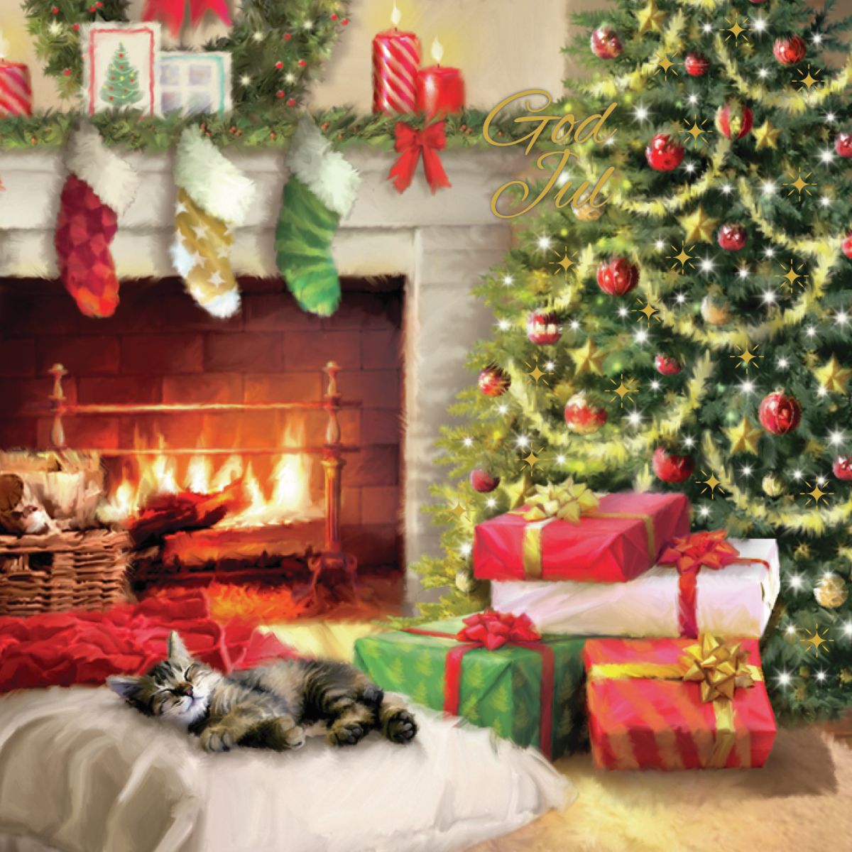 Julekort kvadratisk 6 pk Peis juletre