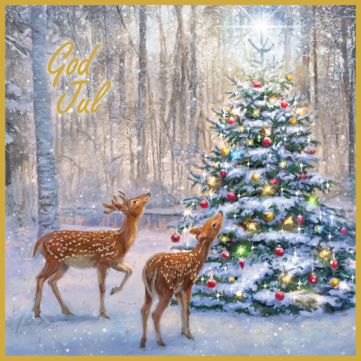 Julekort kvadratisk 6 pk Rådyr Juletre