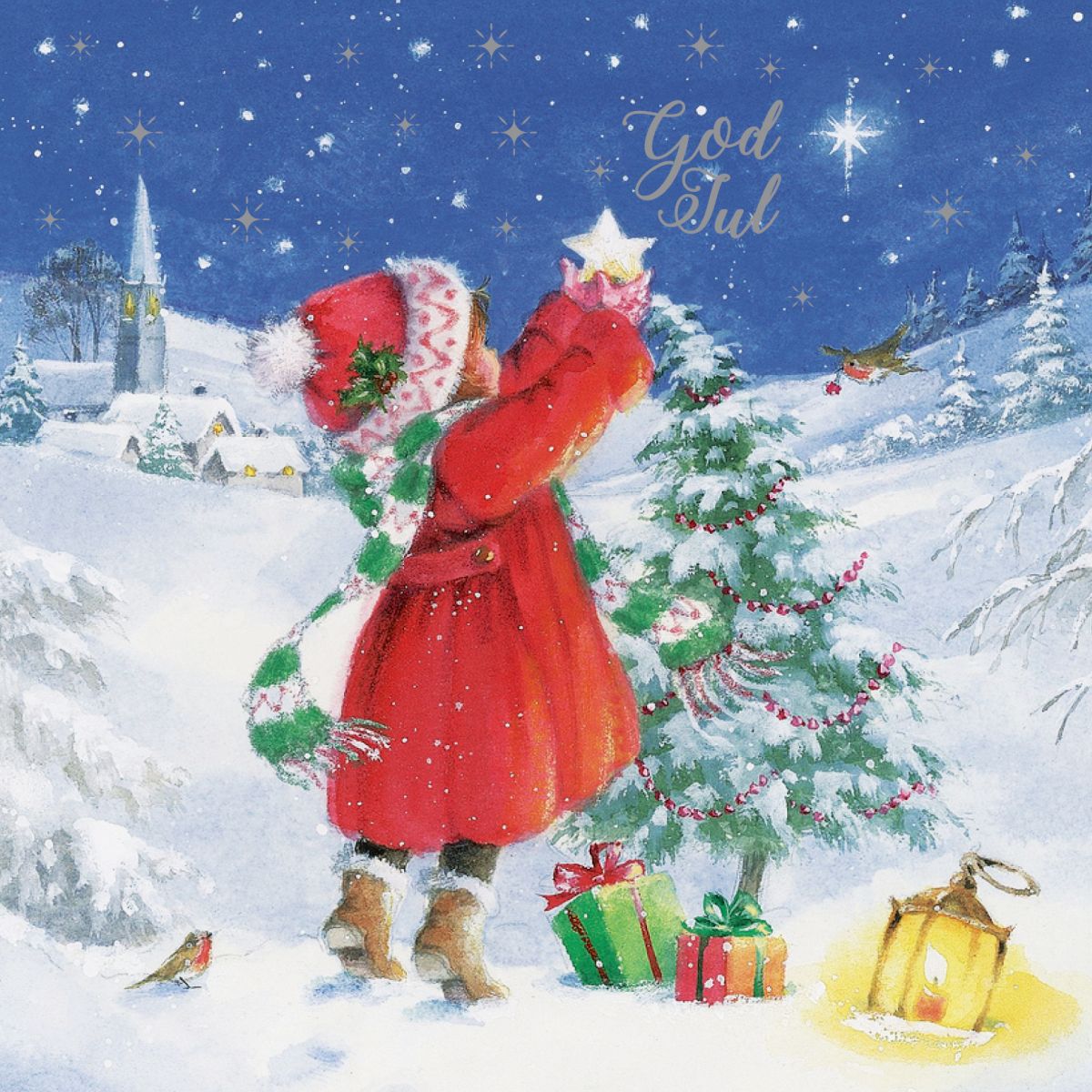 Julekort kvadratisk 6 pk Rød Bil M Tre