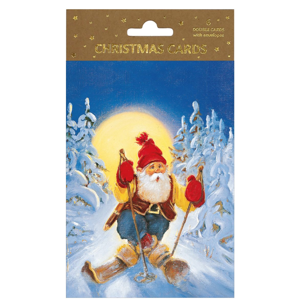 Julekort Dbl 6 pk J.Jacobsen Nisse På Ski Fullmåne