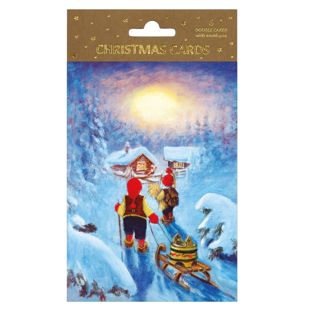 Julekort Dbl 6 pk J.Jacobsen Nisser m/kjelke