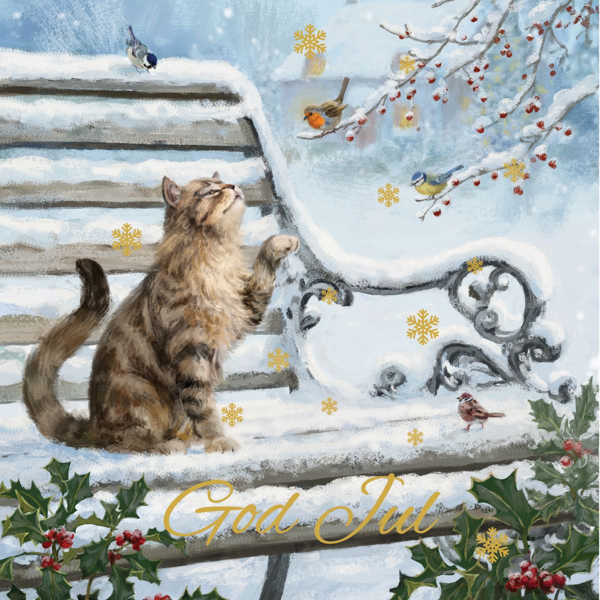 Julekort kvadratisk 6 pk Katt På Benk