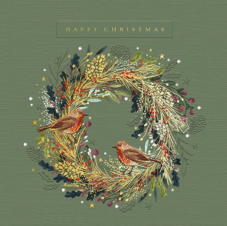 Julekort Red Robin Wreath Grønn 10pk