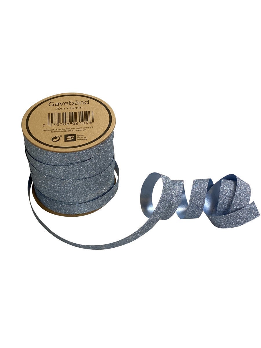 Gavebånd 20m x 10mm lyseblå glitter