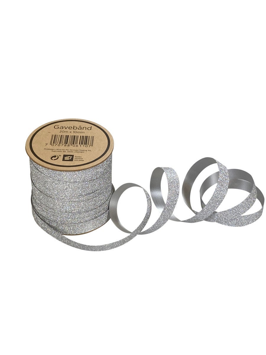 Gavebånd 20m x 10mm sølv glitter