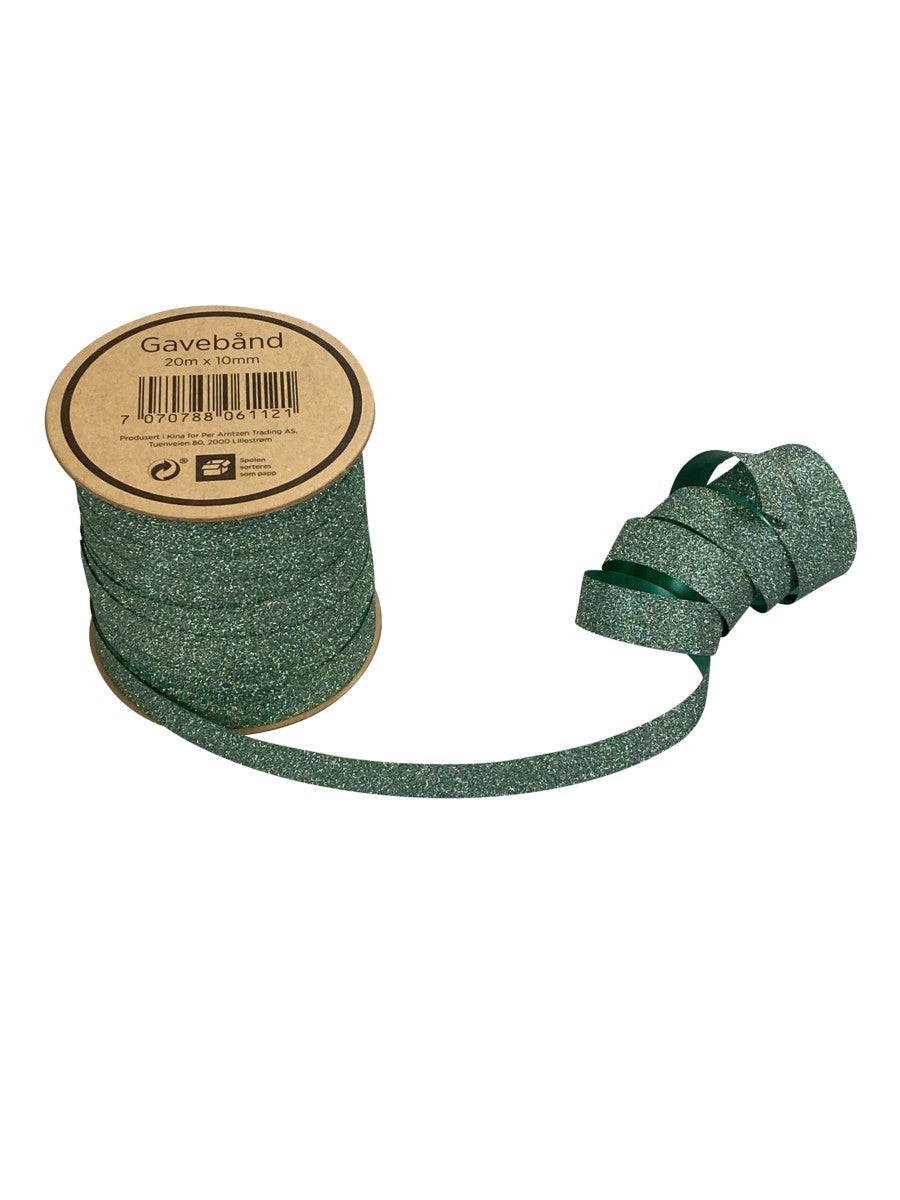 Gavebånd 20m x 10mm grønn glitter